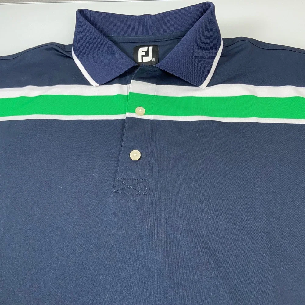 FootJoy Mens XL Navy Blue Green‎ Striped Golf Polo Shirt Performance Outdoor